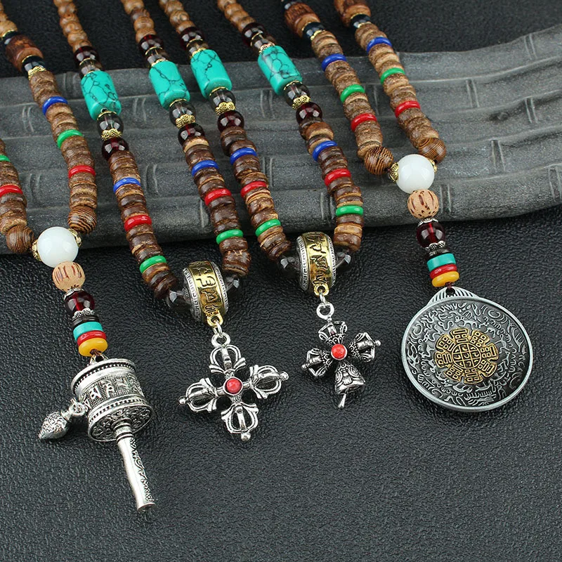 Nepal Buddhist Mala Wood Beads Tibetan six-character mantra prayer wheel pendant Bohemian Boho Buddha Lucky Jewelry