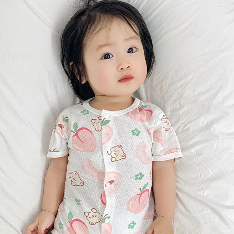 Summer Newborn Girl Baby Short Sleeved Thin Pajamas Jumpsuit Cotton Mesh Breathable Toddler Romper Soft Boy Infant Climbing Suit