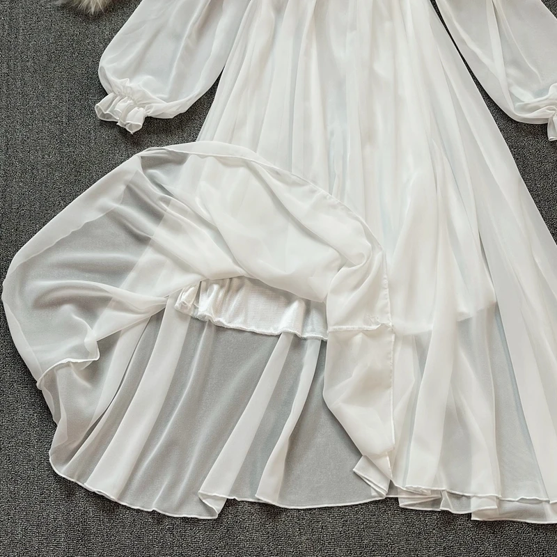 Nuove donne primavera autunno eleganti abiti da festa manica a sbuffo Slash Neck Off spalla Smocked abiti in Chiffon bianco