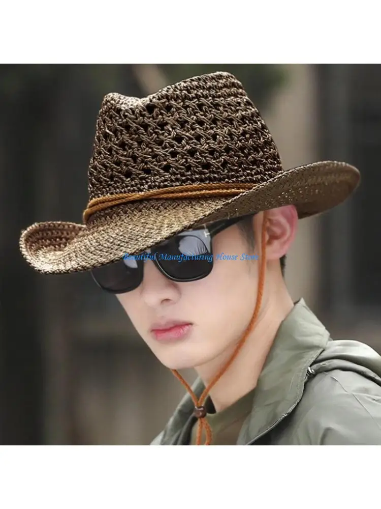 

E56A Hollow out Cowgirl Hat Crochet Straw Weaving Wedding Photo Costume Props Summer