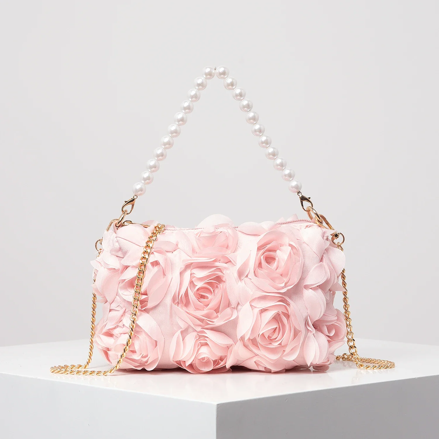 Elegante bolso de cena con flores rosas, bolso de perlas de imitación, bolso cruzado con cadena de metal, bolso de novia (patrón aleatorio)