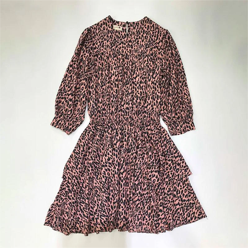 Zadig verão robe feminino três quartos vestidos de festa jovens feminino rosa leopardo impressão vestido de festa cintura elástica vestido de primavera