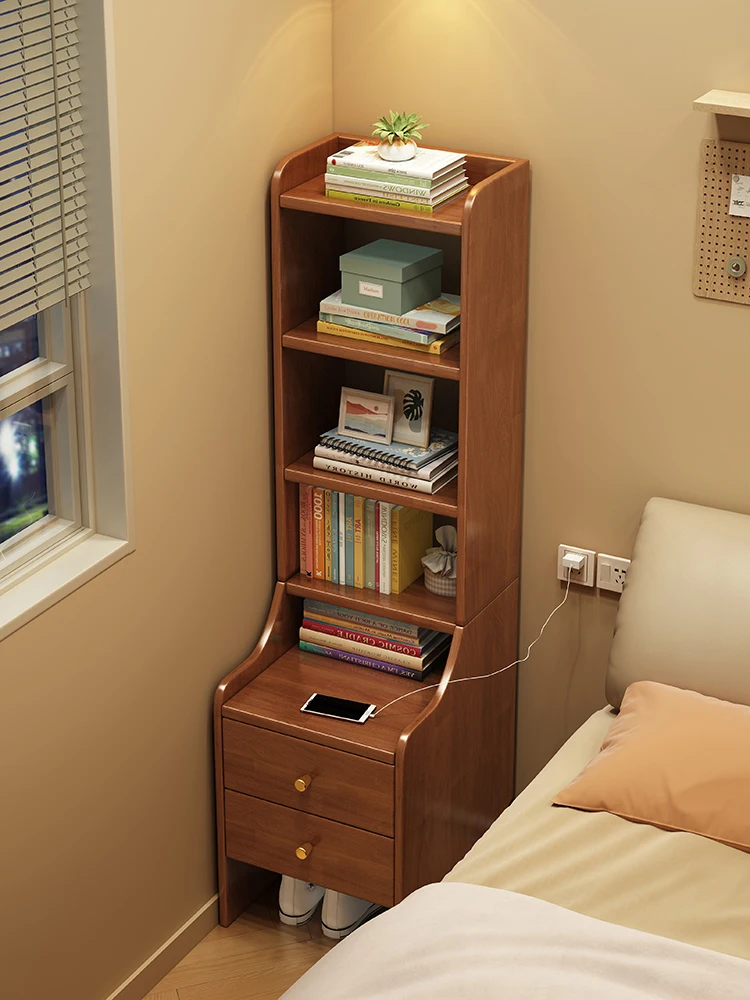 

Solid wood bedside table with bookshelf integrated household small, elevated storage bookshelf, minimalist bedroom bedside cabin