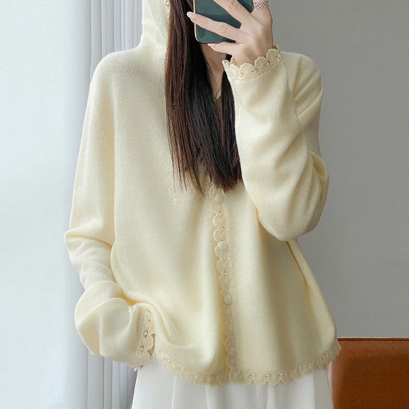 

New Joker Leisure Long Sleeve Slim Jacket in Fall/Winter 2025 With Hooded Lace Wool Knitted Cardigan