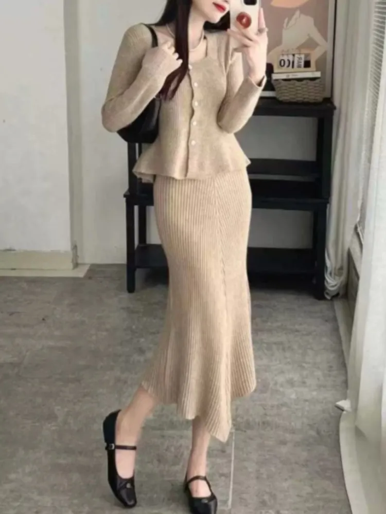 Elegant Sweet 2 Piece Set Women Spring Autumn Solid Square Collar Ruffles Single Breasted Knitted Top A-Line Skirt Fashion Suit