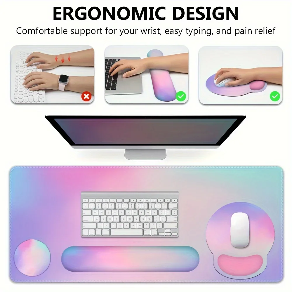 

Ergonomic Purple-Pink Gradient Mouse Pad Set - 4pcs With Large Desk Mat, Keyboard Wrist Rest, Mouse Pad Support & Coaster