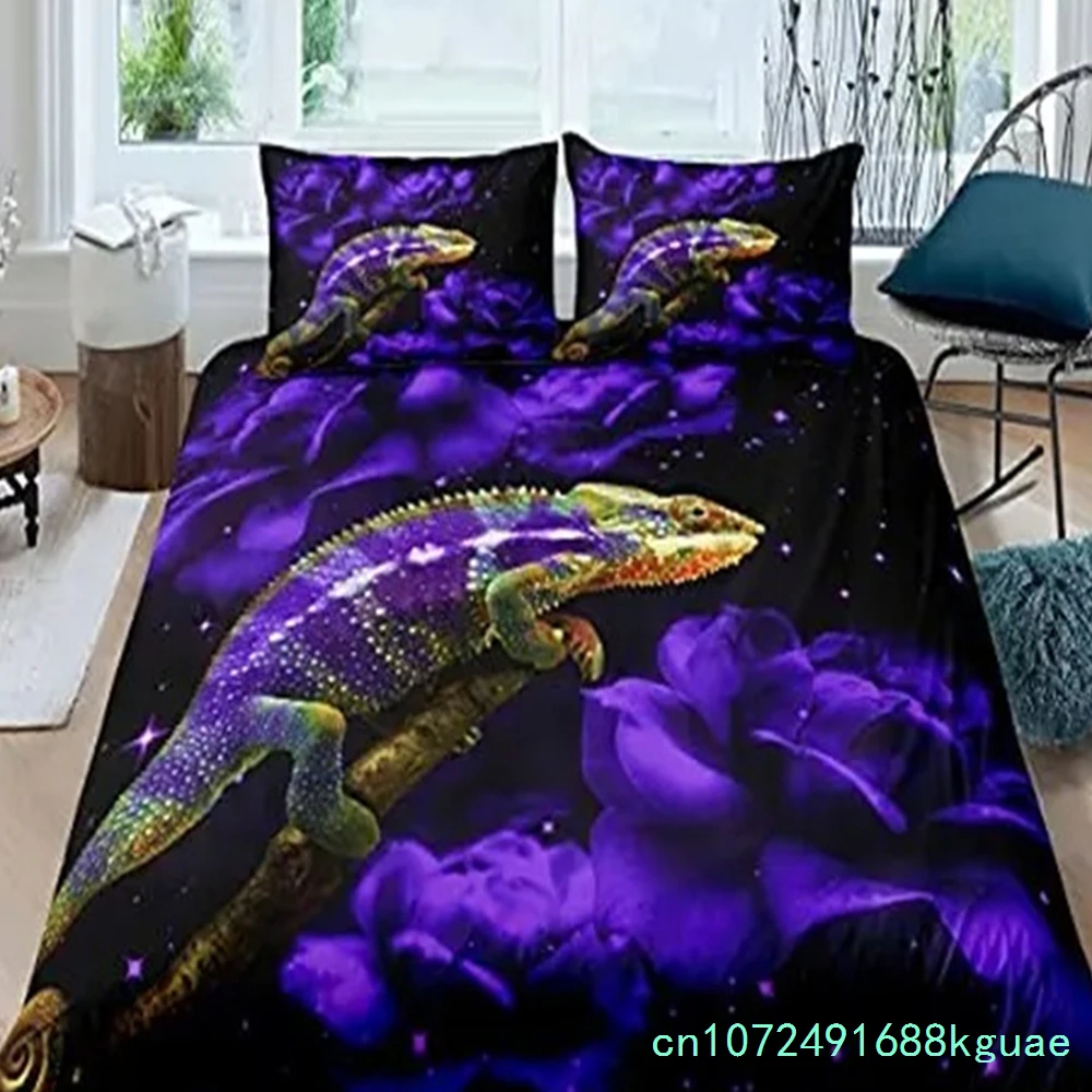 Lizard Duvet Cover Set Reptile Bedding Sets King Size For Boys Girls Toad Tropical Animal Purple Floral Exotic Comforter Cover