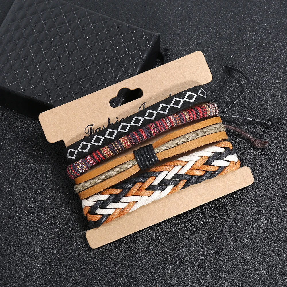 مجموعة أساور جلدية منسوجة يدويًا بأسلوب عتيق، أساور حبل بأسلوب بوهيمي، إكسسوار مجوهرات عصري شائع #1