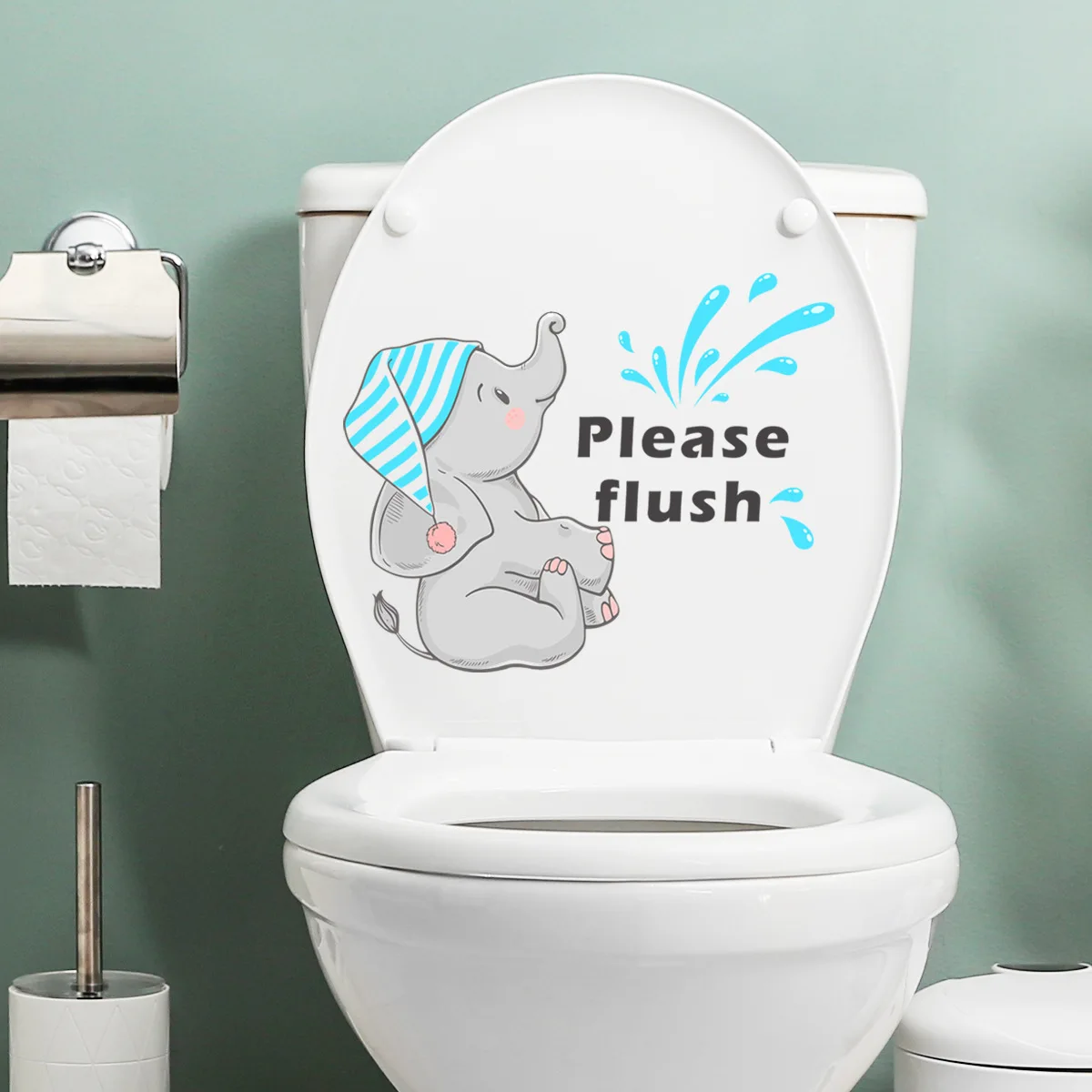 30*30cm English Please Flush Elephant Cartoon Wall Sticker Toilet Sticker Toilet Decorative Living Room Bedroom Wall Sticker