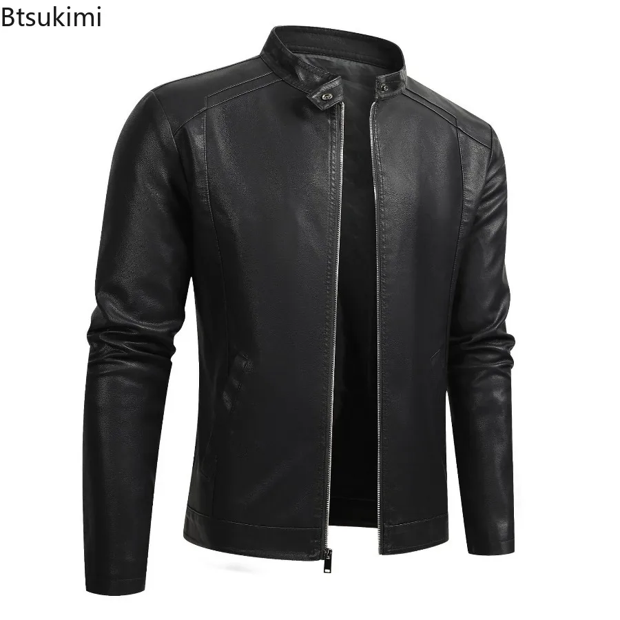 Autumn Winter New Men's Standing Collar Leather Jackets Fashion Slim Motorcycle Cycling Clothes Thicken Fleece PU Leather Coats