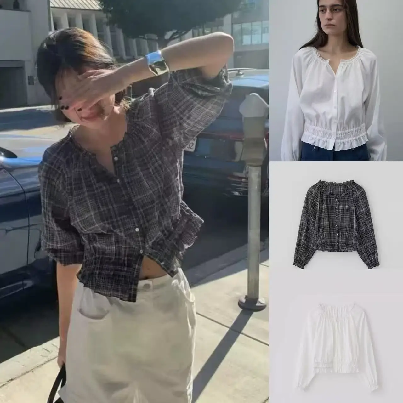 

Korean Style Tannat Shirt Women's Short Waist-Cinching Long Sleeve Pleated Wood Grain Checkered Folded Caplet Top
