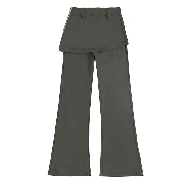 CPSYMYM Damskie Jeansy Casualowe Eleganckie Spodnie Dżinsowe z Podwyższonym Stanem, Rozszerzane, Spódnica z Falbanami, Boczny Zamek Błyskawiczny, Wiosenne Jeansy w Stylu Vintage