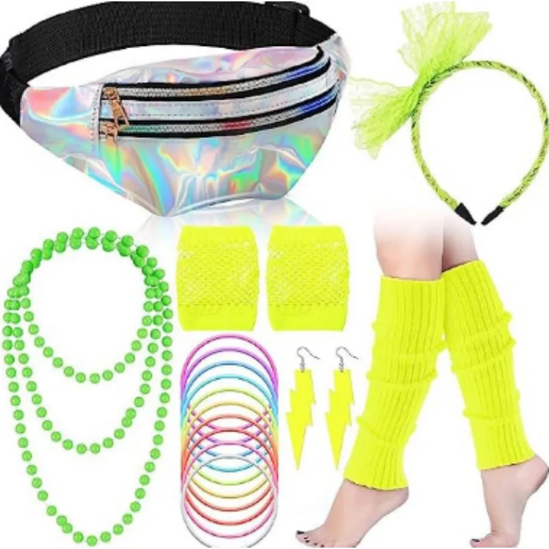 Accessoires de Costume Holographique des Années 80, 19 Pièces, Pack Banane, Jambières, Bandeau de Sauna en Dentelle, Boucles d'Oreilles, Gants, Collier, Bracelet