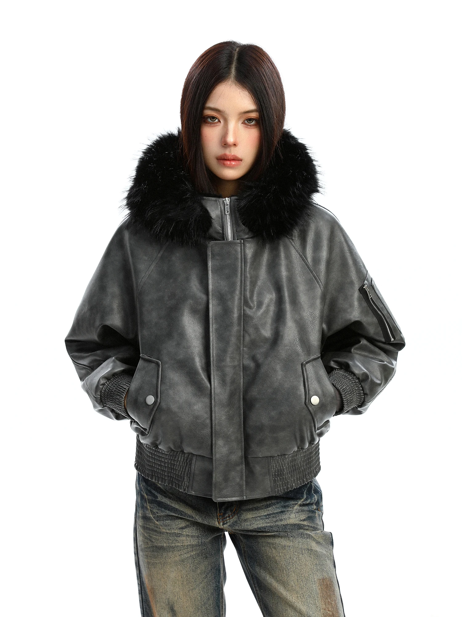 

Biggold Premium Thiened Winter Jaet женское хлопковое пальто из искусственной кожи с капюшоном с большим меховым воротником теплая свободная рабочая одежда Jaet