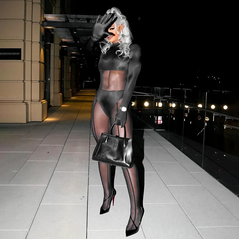 Mesh Patchwork See Through Sexy Jumpsuit Gloves Autumn Winter Fashion Black Long Sleeve One Piece Overall Party Club Streetwear