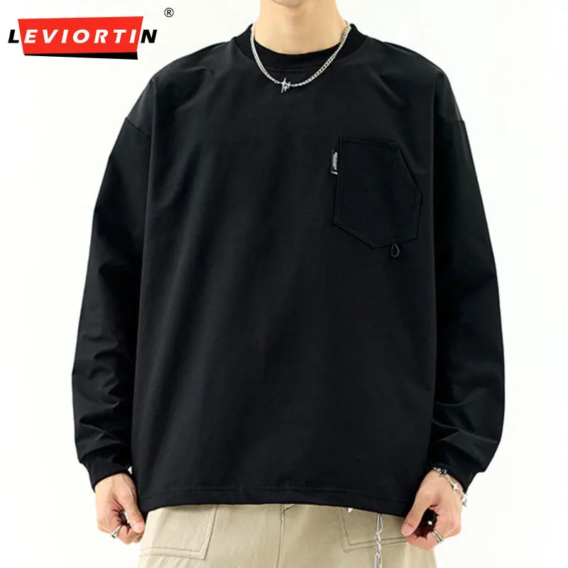Long Sleeve T-Shirt for Men, Spring and Autumn, Simple Pocket, Outdoor Sports Top, Simple Loose Fit, Solid Color, Crew Neck