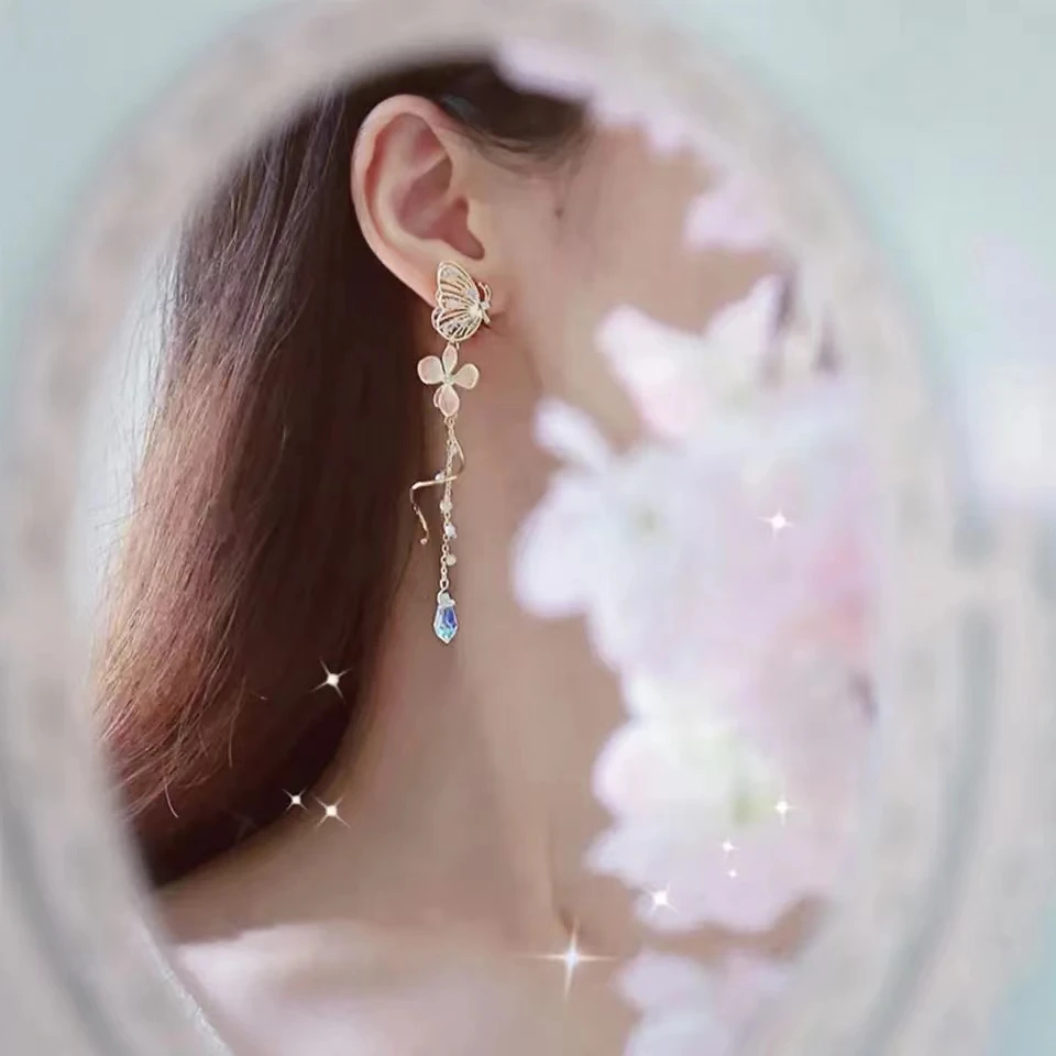 Korean Elegant Butterfly Earrings For Women Exquisite Crystal Zircon Long Tassel Flower Drop Earrings Girls Temperament Jewelry image 6