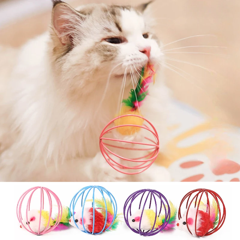 고양이 대화 형 장난감 재미 있은 깃털 마우스 공 케이지 새끼 고양이 크리 에이 티브 장난감 갇힌 쥐 롤링 고양이 공 장난감 애완 동물 용품 ﻿