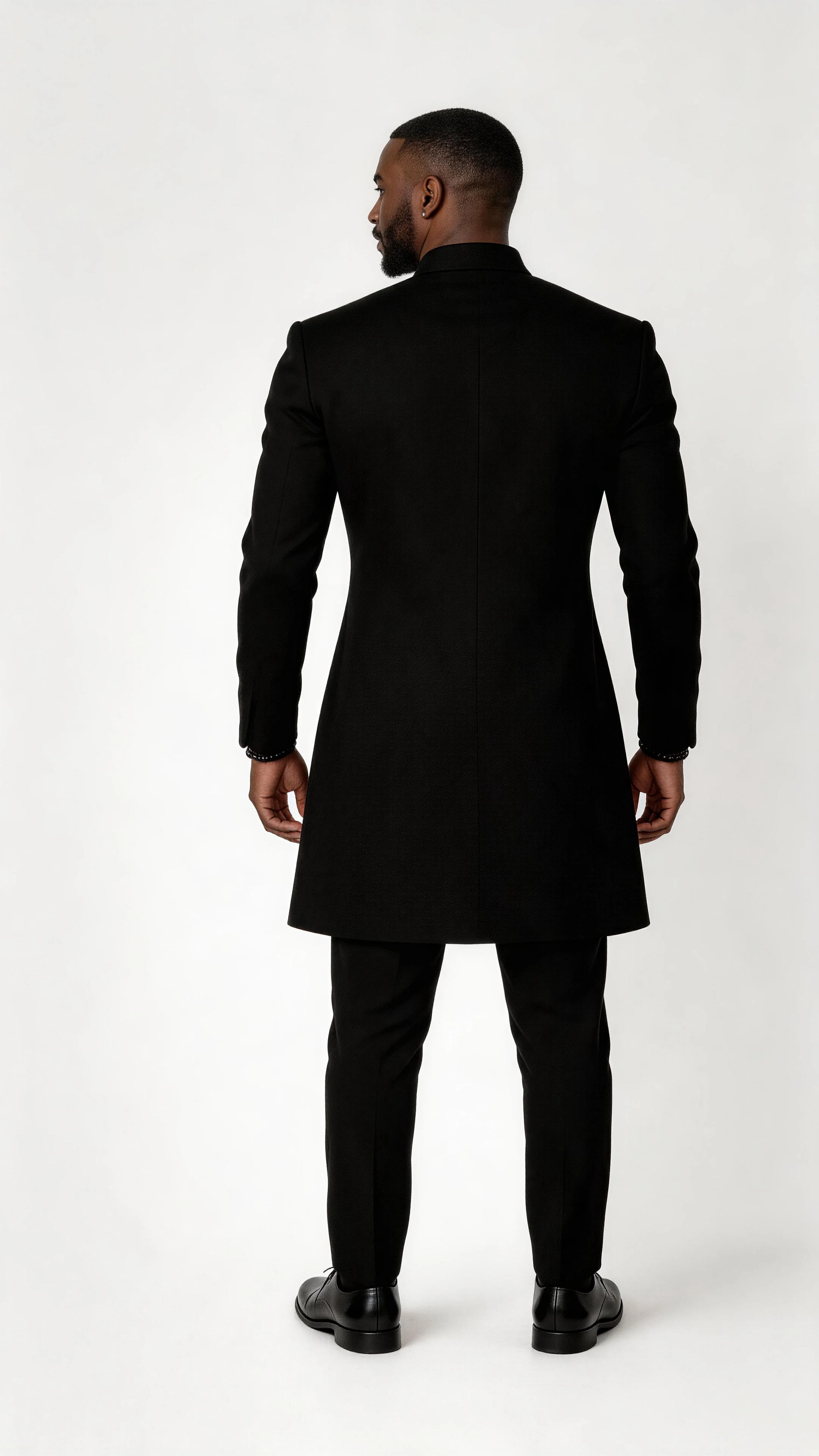 Men African 2‑Piece Suit Black Gold Embroidery Stand Collar Asymmetric Long Coat Pants Set Crown Brooch Luxury Wedding Formal Ou