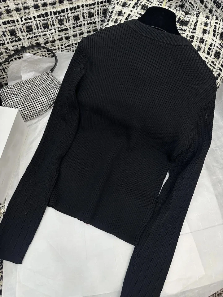 2024SS Spring Autumn Luxury New Women Beading Black Slim Sweater Cardigans for Ladies