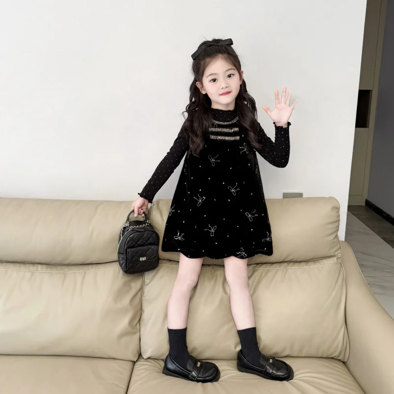 

Girls' Sparkling Bow Velvet Tank Dress2025Winter New Style Girl's Princess Cotton-Padded Dress