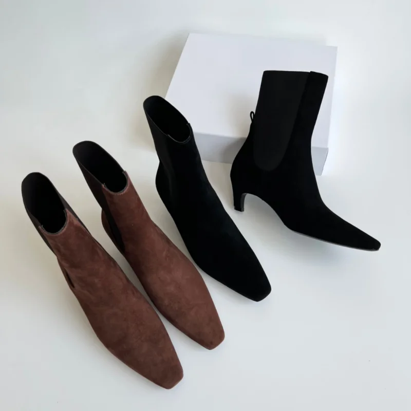 2022 New Short Boots Real Leather Black Minimalist Pointed Toe Super Fine Suede Low-heeled Ankle Boots Women