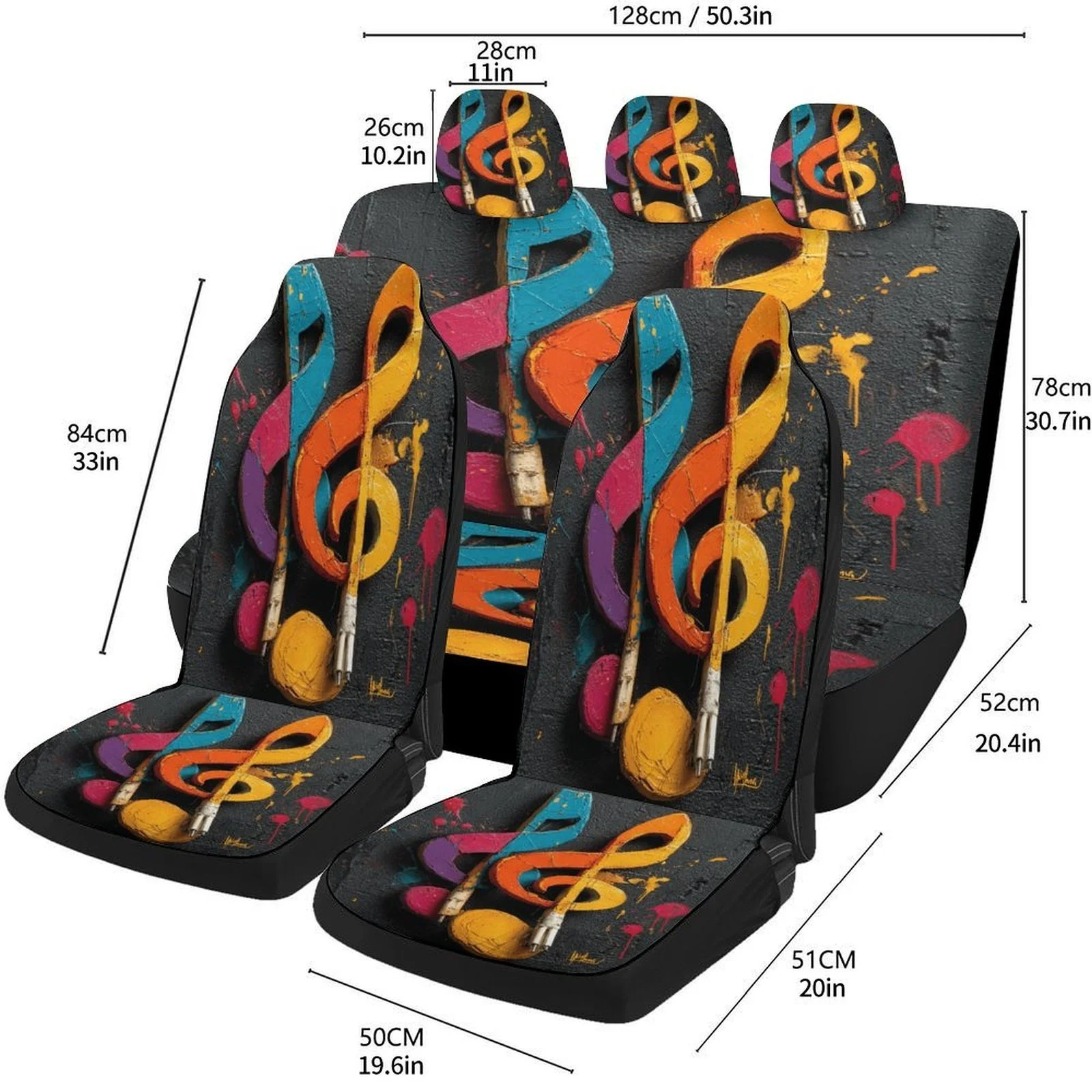 Vibrantly Designed Car Seat Cover Set Featuring Music Notes, Stylish And High-Quality Protectors For Most Vehicles, Complete Uni