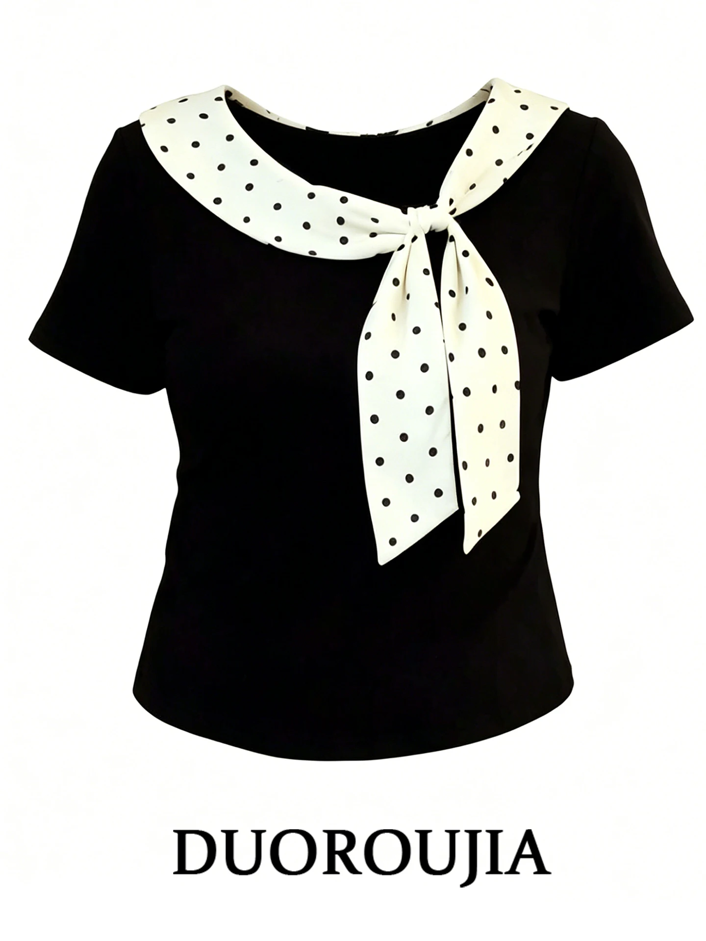 

Duor plus Size Polka Dot Knot Short Sleeve T-Shirt Women Summer Fat MM Black Fake Two-Piece Design Sense Top