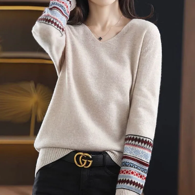 Autumn Winter Fashion All-match Long Sleeve Patchwork Sweaters Women\'s Clothing Korean Temperament Lady V-Neck Knitted Pullovers