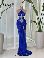 Sexy Halter Lace Mermaid Evening Dress Royal Blue Crystal Slit Cocktail Party Dress See Through Sleeveless Prom Gowns Vestidos