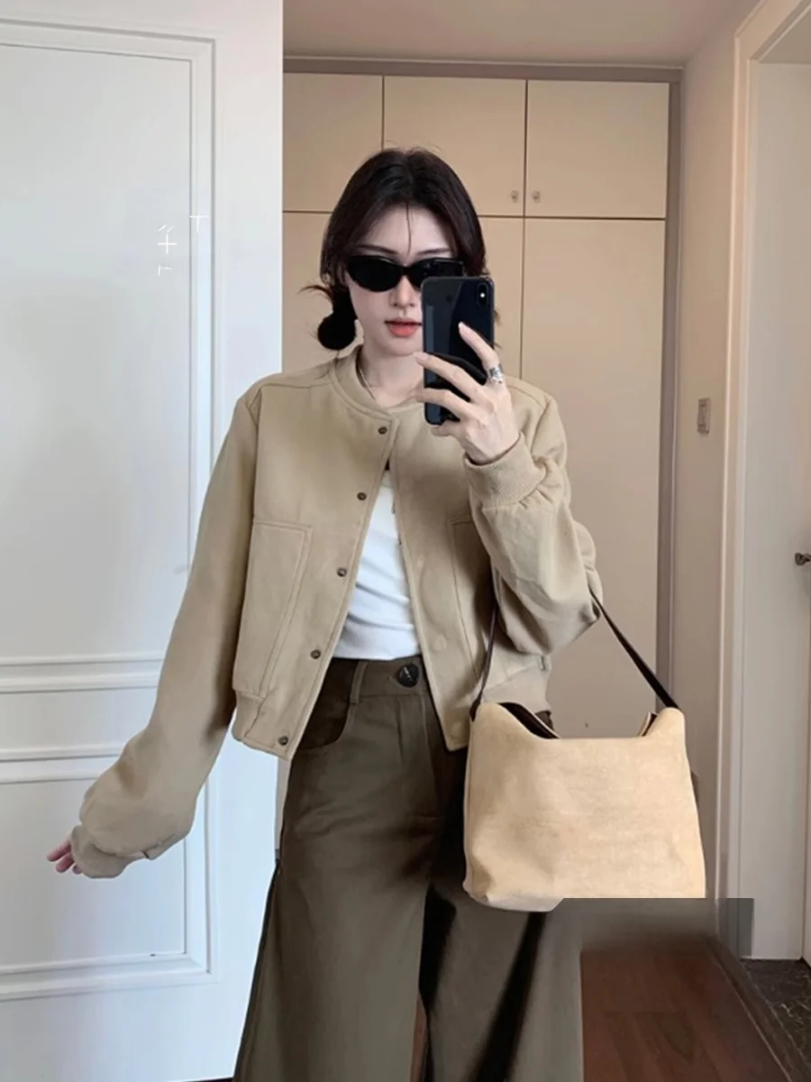 Chaqueta Retro Kaki Corta de Béisbol para Mujer, Holgada, Manga Larga, Estilo Primavera, Talla Pequeña, Cuello Redondo, Cálida, con Botones