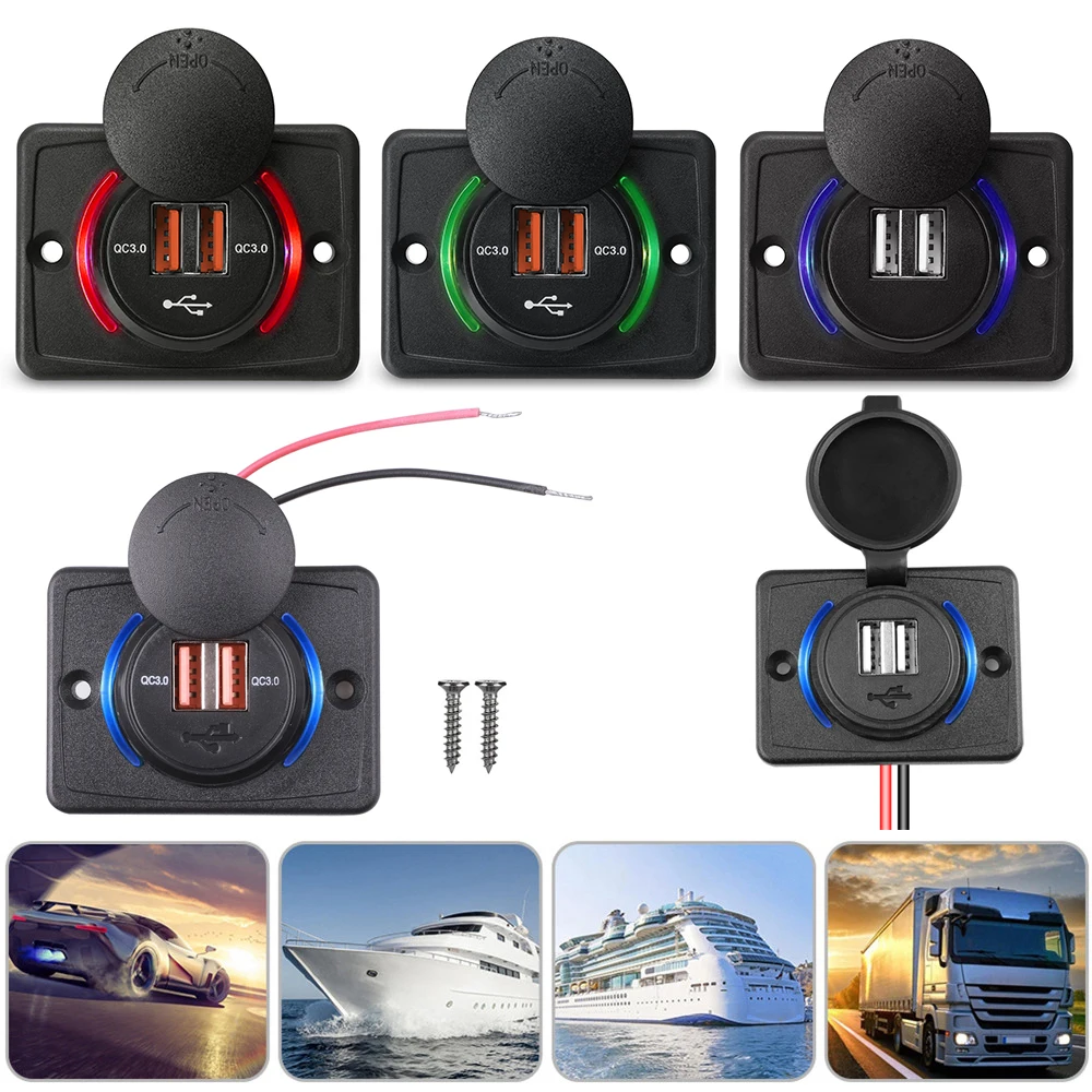 12-24V QC3.0/3.1A Dual USB Charger Power Socket Adapter Charging Panel Mount for Motorbike Car Boat ATV UTV Camper Caravans