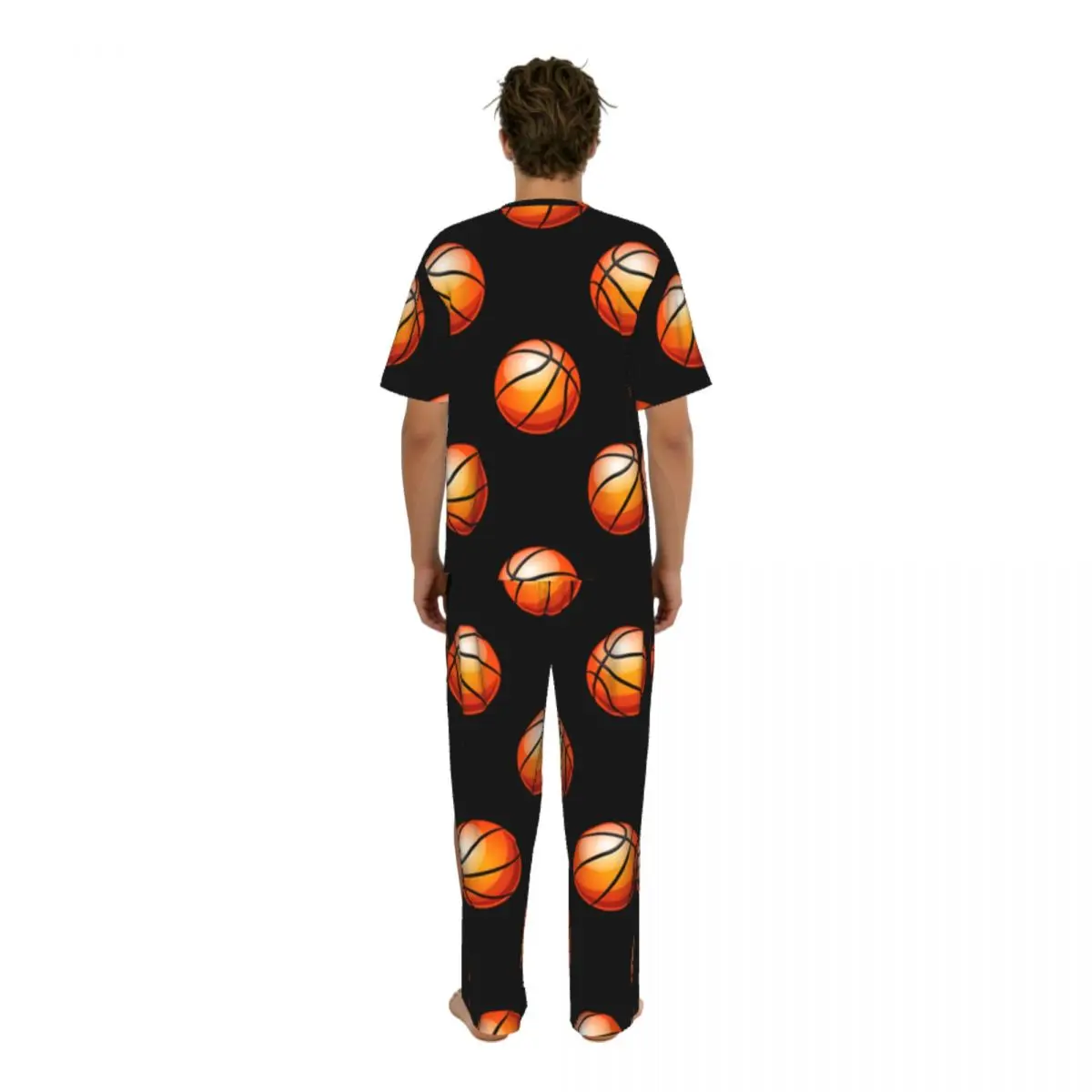 Men Pajamas Suit Short Sleeved Long Pants Basketball Ball Print Sleepwear Summer Home Clothing Set view 4