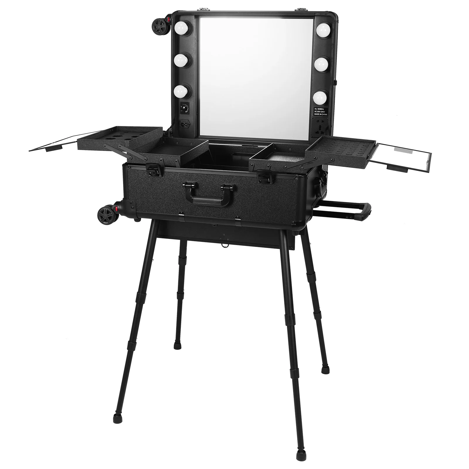 

Rolling Cosmetic Travel Box with Mirror and Lights Mobile Makeup Artist Trolley with Wheels Stands for Travel Or Salon Use