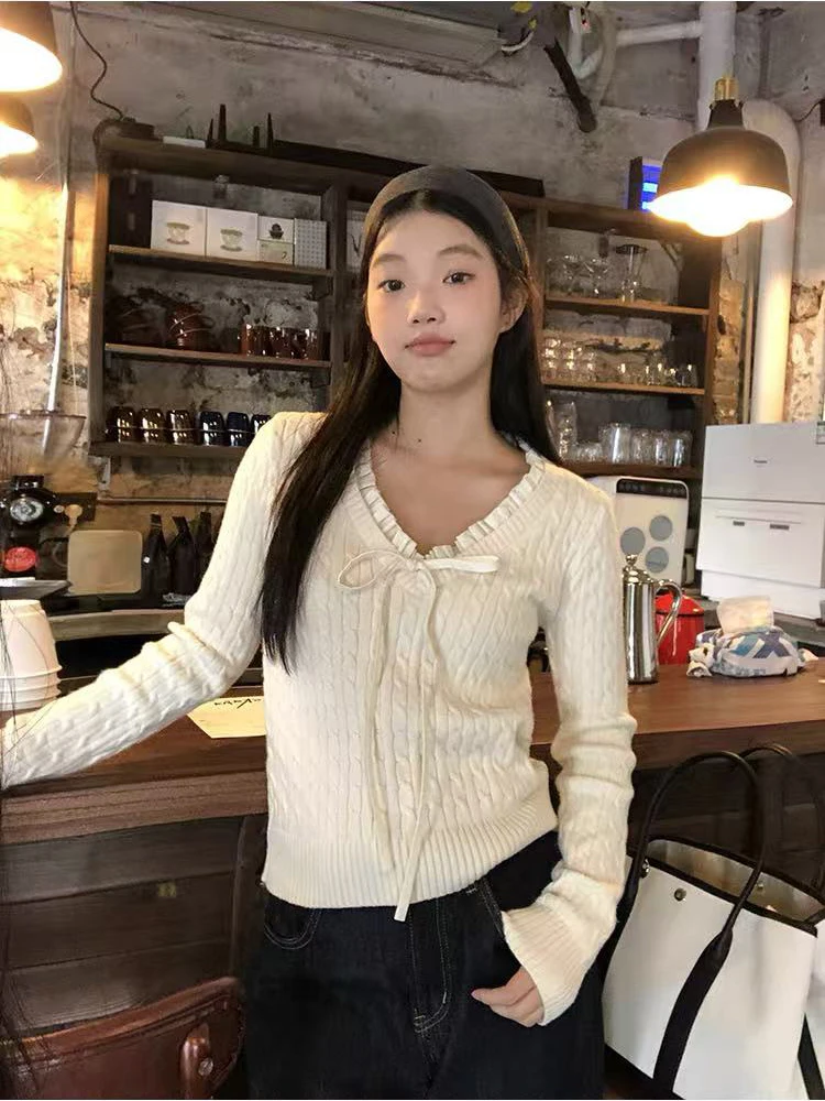 Sweet Bow Knit Sweater for Women Korean Chic Lace Up Long Sleeve Patchwork Slim Pullovers Autumn Winter All Match Jumper Mujer