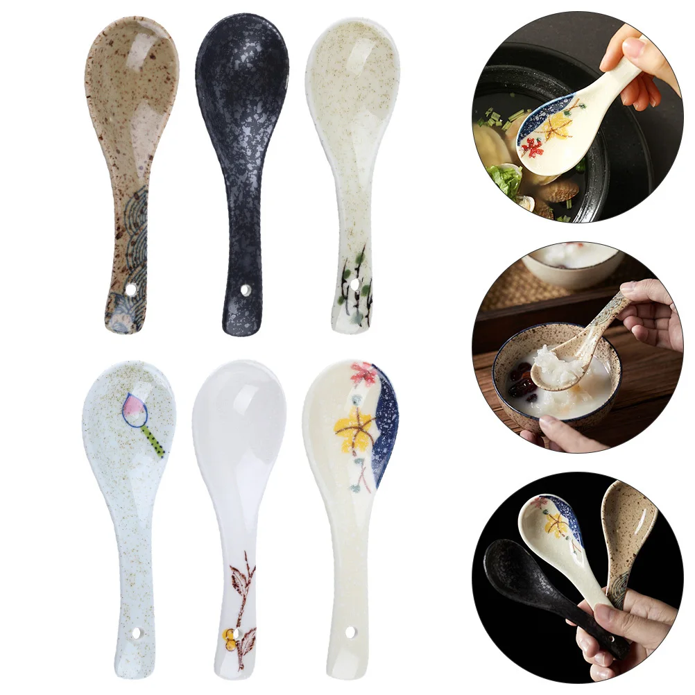 

6Pcs Premium Ceramic Japanese Spoons Beautiful Patterns Practical Home Restaurant Kitchen Decor Soup Spoons