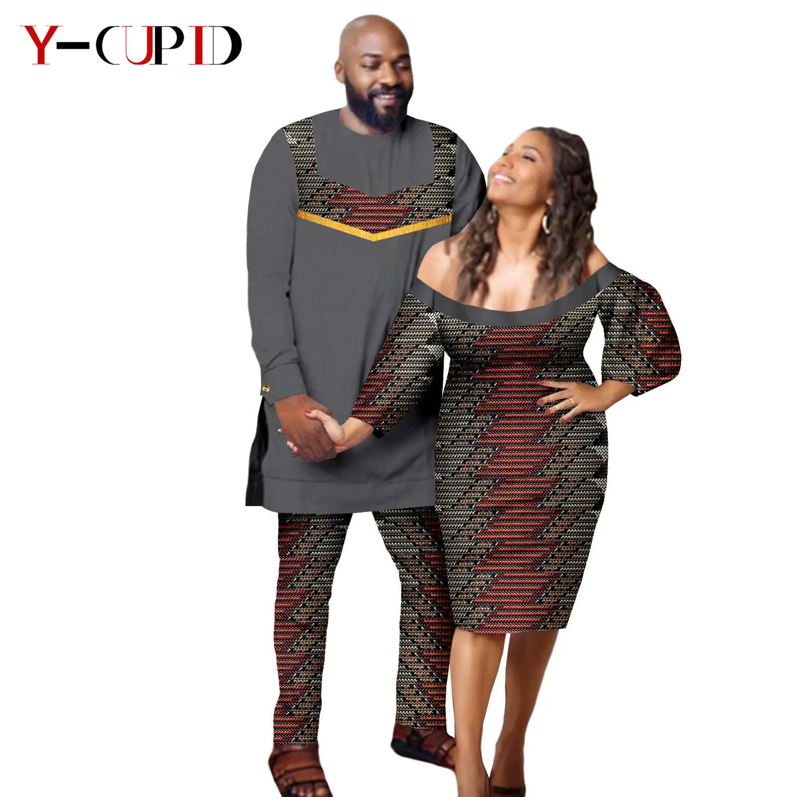 

African Sexy Print Dresses for Women Matching Couple Wedding Clothes Dashiki Men Outfits Bazin Riche Top and Pant Sets 24C080