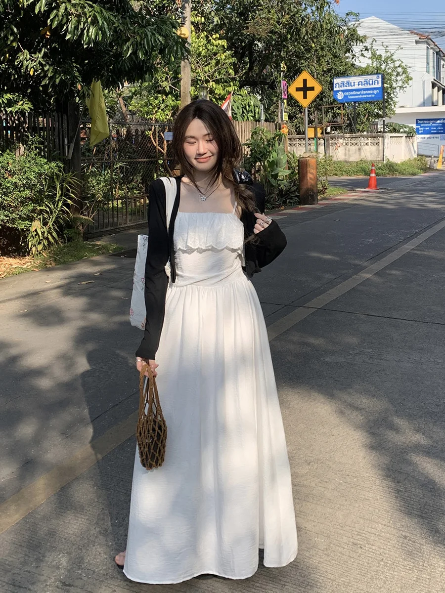 

Sweet Oversized Bell Sleeve Strap Dress Spring Summer High Waist Slimming Design Long A-Line Skirt Korean Style Commute Dress