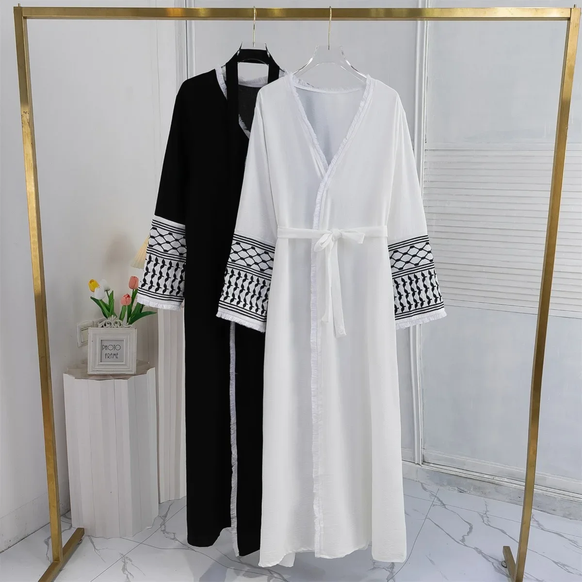 Muslim Open Front Abayas Long Sleeve With Belt Maxi Dress Women\'s Clothing Tassel Embroidery Kaftan Abaya Women Jilbabs