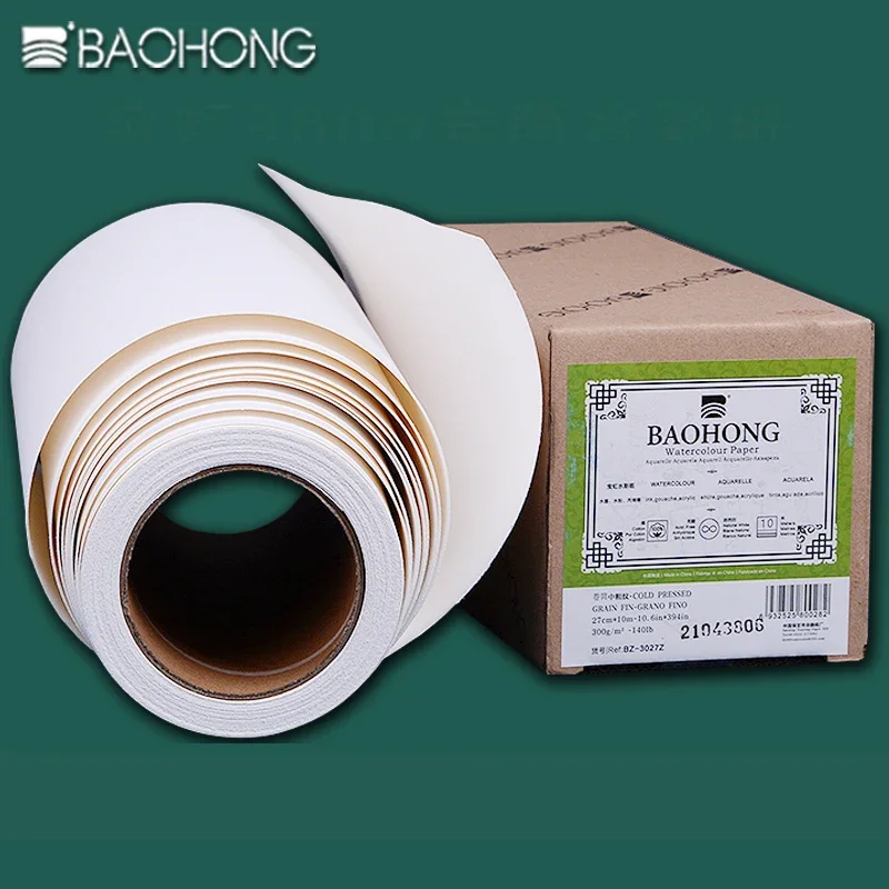 BAOHONG Watercolor Paper Roll 140lb 300g 27cmX10m/37cmx10m 100% Cotton Academy Art Paper for Watercolor Gouache Ink Acrylic