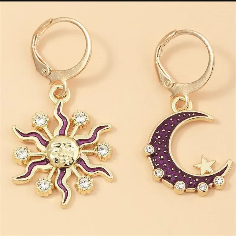 2023 New Antique Asymmetric Sun Moon Star Zircon Earrings for Women Dangle Earrings Bohemia Cool Fashion Custom Jewelry