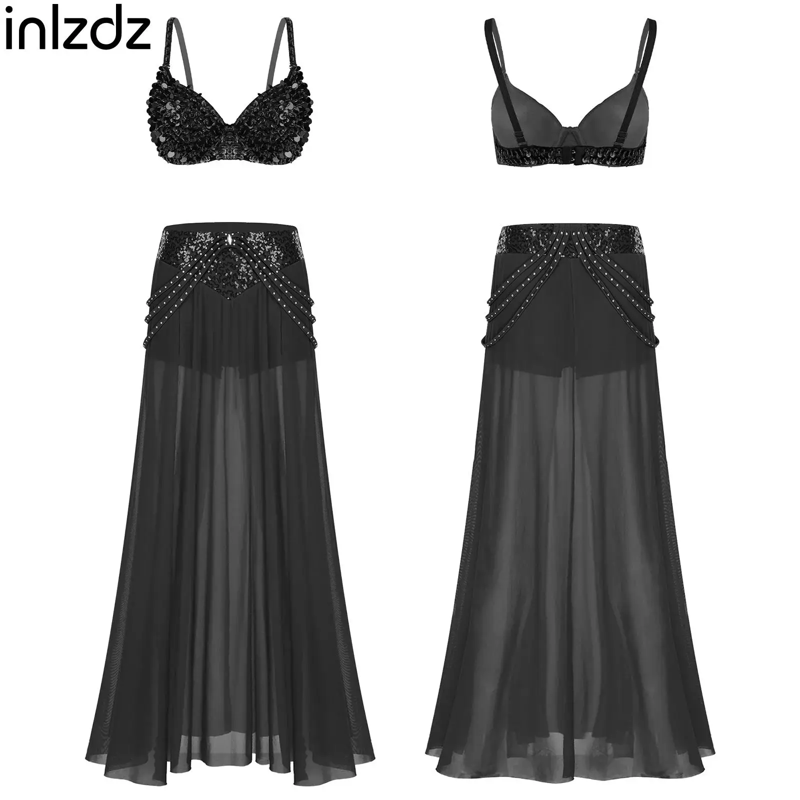 Vrouwen Buikdans Outfit Glinsterende Pailletten Plastic Bh Top met Lovertjes Tailleband Strass Strappy Zijlengte Rok Sexy Pak