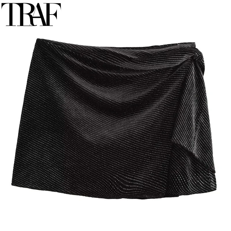 Traf feminino skort veludo mulher lantejoulas saia calças de cintura alta nó saia preta shorts elegante outono envoltório lantejoulas skort feminino