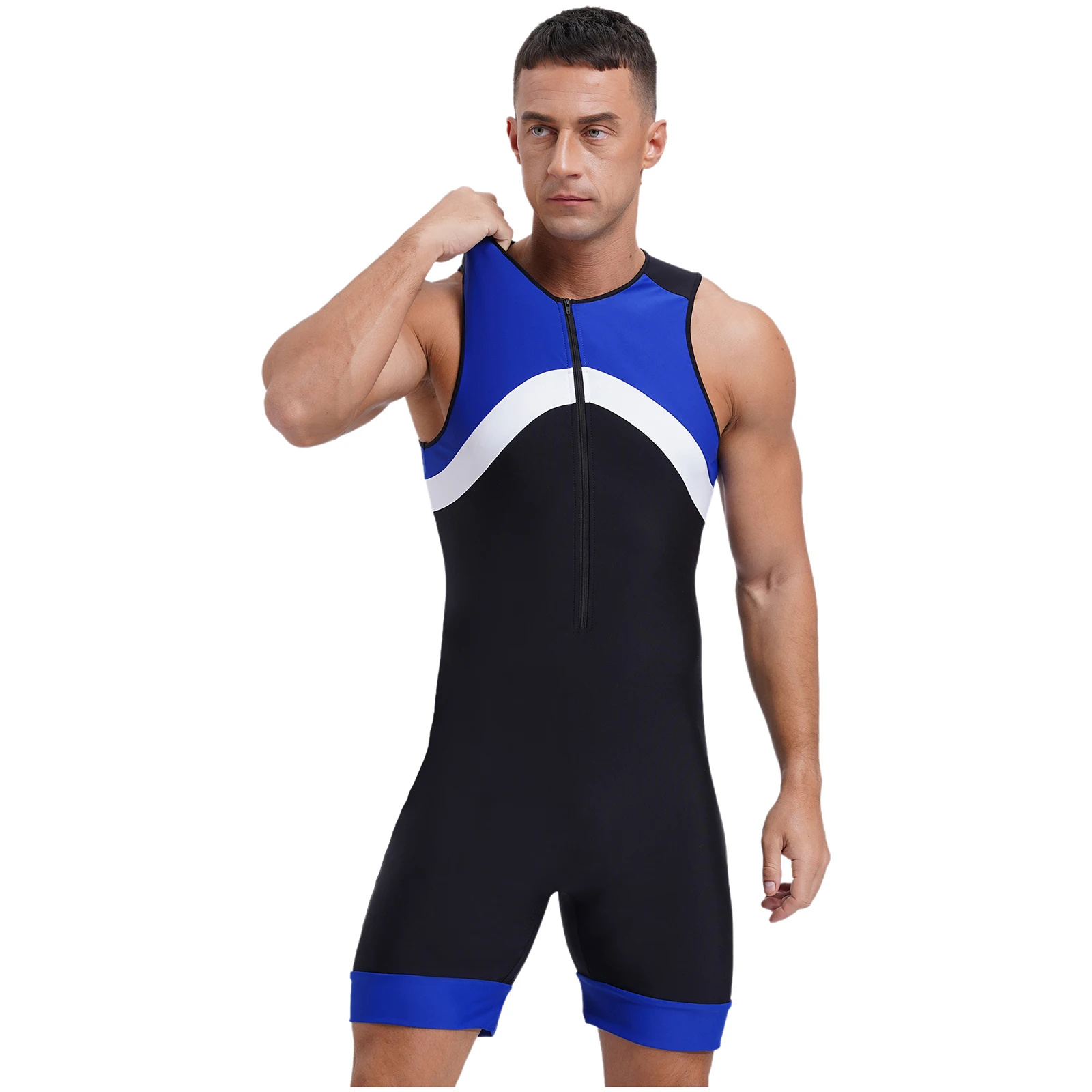 Mens Sleeveless One Piece Wetsuit Swimsuit Patchwork Swimwear Athletic Zipper Surfing Diving Suit Bathing Suit