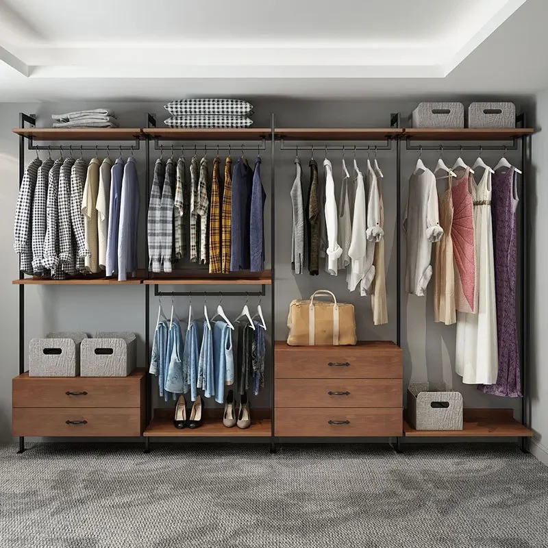 Metal simple wardrobe iron clothes rack, floor-standing bedroom wardrobe storage rack, open walk-in closet shelf wall-mounted