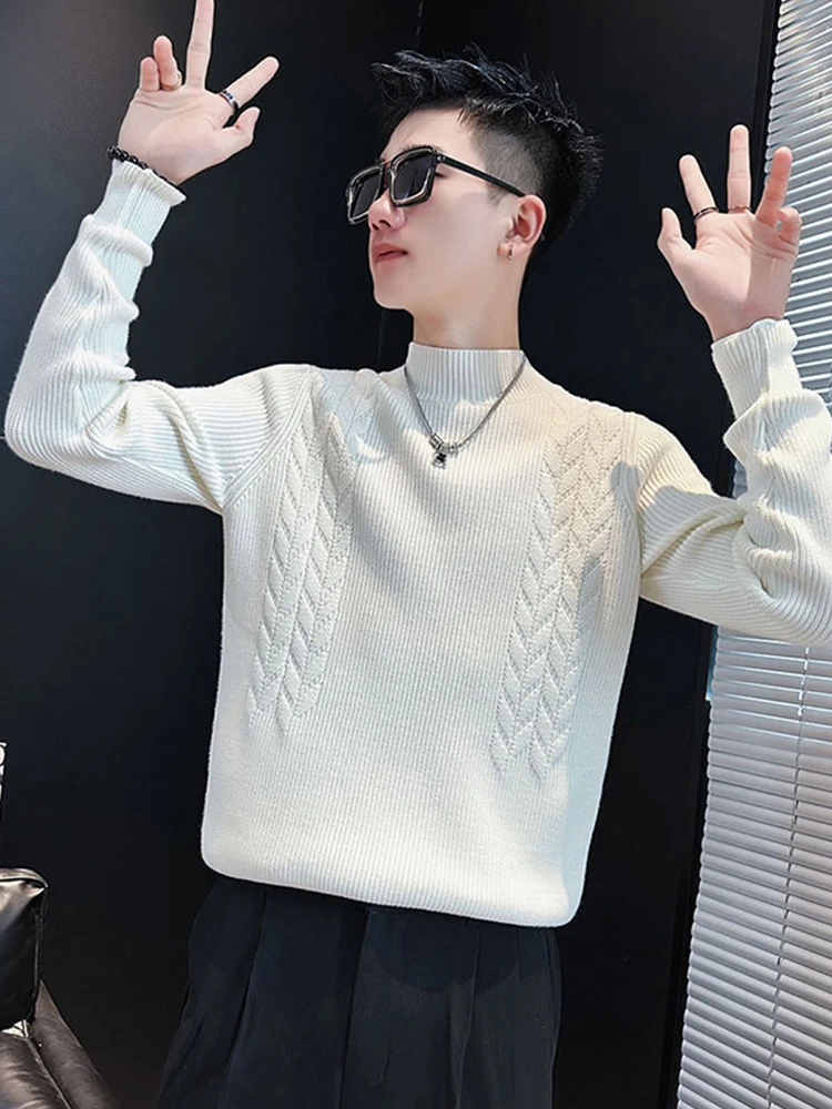 

Мужской белый вязаный свитер свободного кроя с высоким воротником, в стиле хипстер, для зимы, повседневный, комфортный, средней плотности, с длинными рукавами