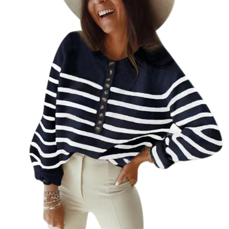 Autumn and Winter New Stripe Pullover Top Fashion Button Open Front Women\'s Sweater