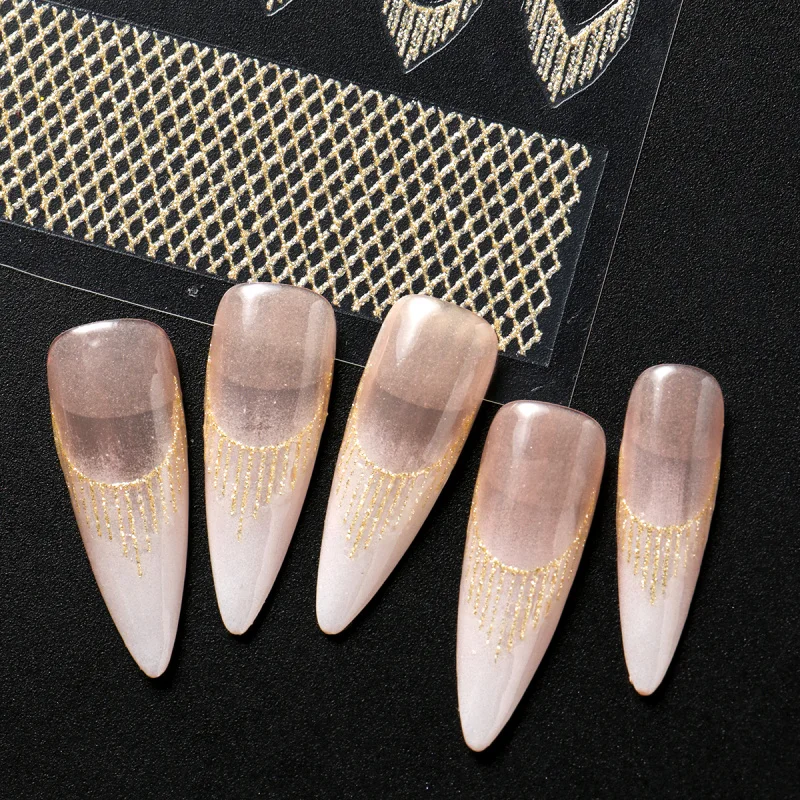 Reflektierende glitzernde französische Nagelkunst-Aufkleber, glitzernde Gold-Silber-Quastenlinie, geometrische Gitter, selbstklebende Schieber, Abziehbilder, DIY-Maniküre – Detail 9