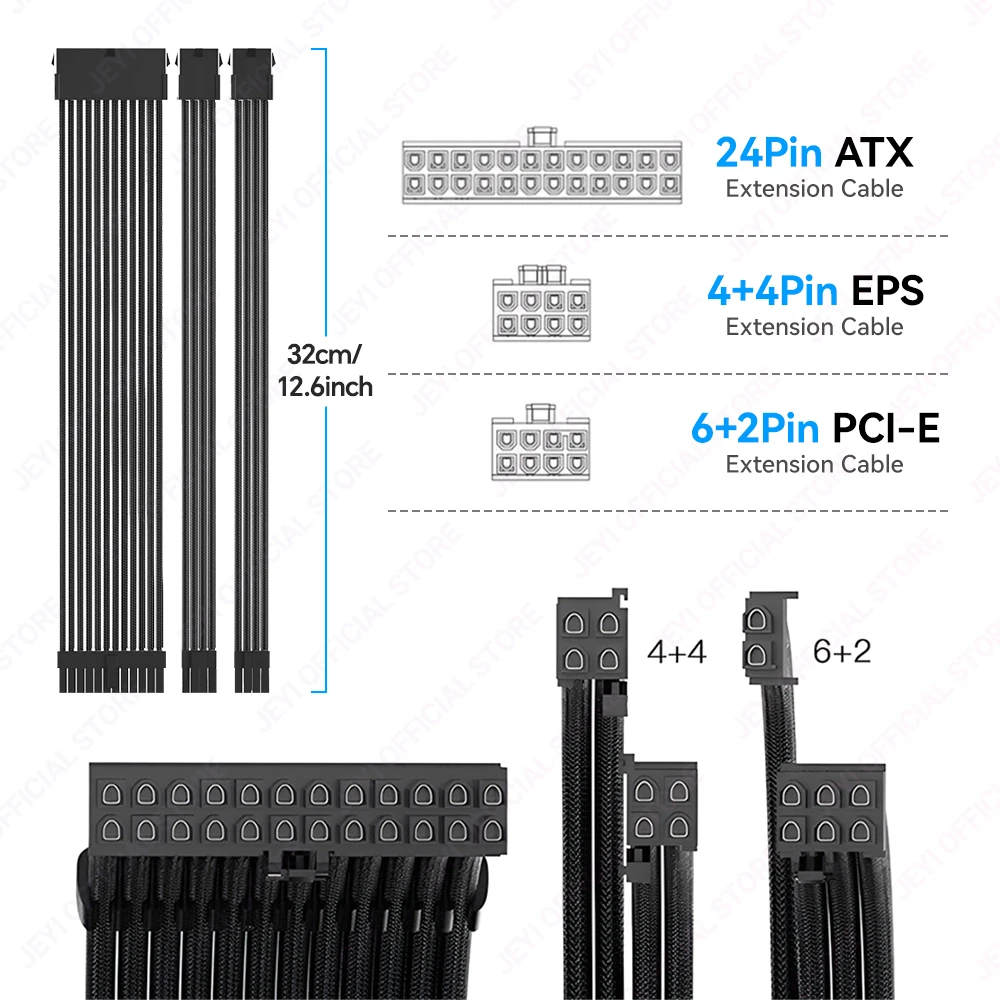 JEYI PSU Extension Cable Kit - 24Pin ATX + 8Pin EPS + 6+2Pin PCIe,18AWG Copper Wire with Premium Braided Sleeving & Cable Combs