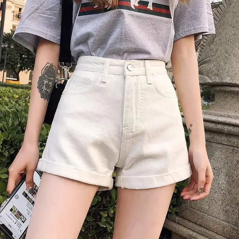 Pantalones cortos Mujer pantalones cortos de mezclilla Mujer cintura alta negro verano blanco suelto A-Line Ropa Mujer
